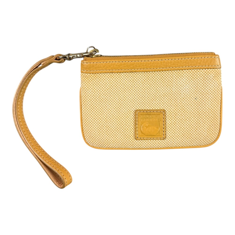 Dooney & Bourke Tan Yellow Canvas and Leather Wristlet Pouch  Red Lining Coin